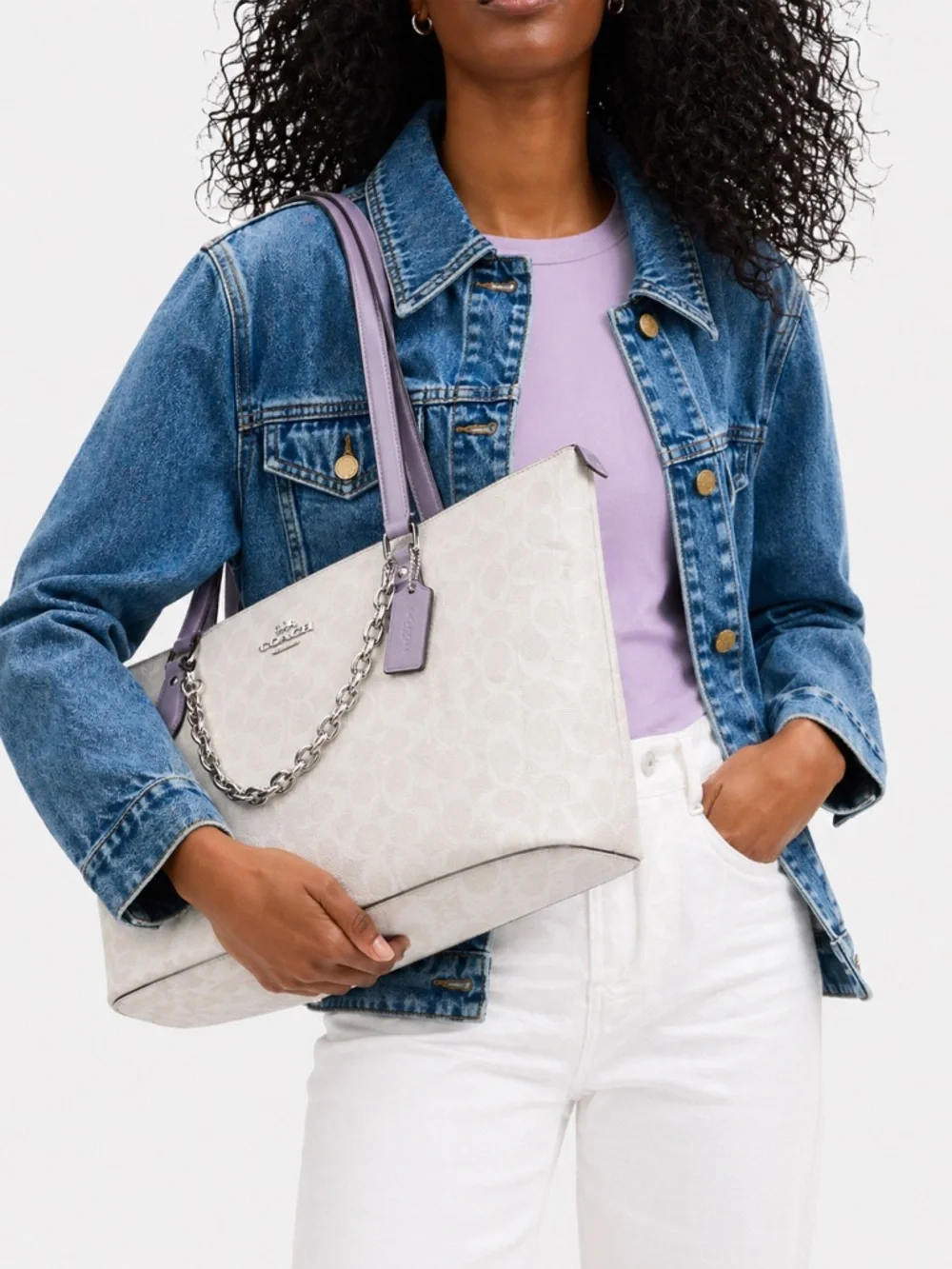 Coach Gallery Tote in leather / signature canvas with chain charm - Picture 4 of 12